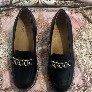 Naturalizer Black Loafers with Silver Chain Accent